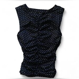 Black white polka dot sleeveless top ruched front zipper detail. Size small New
